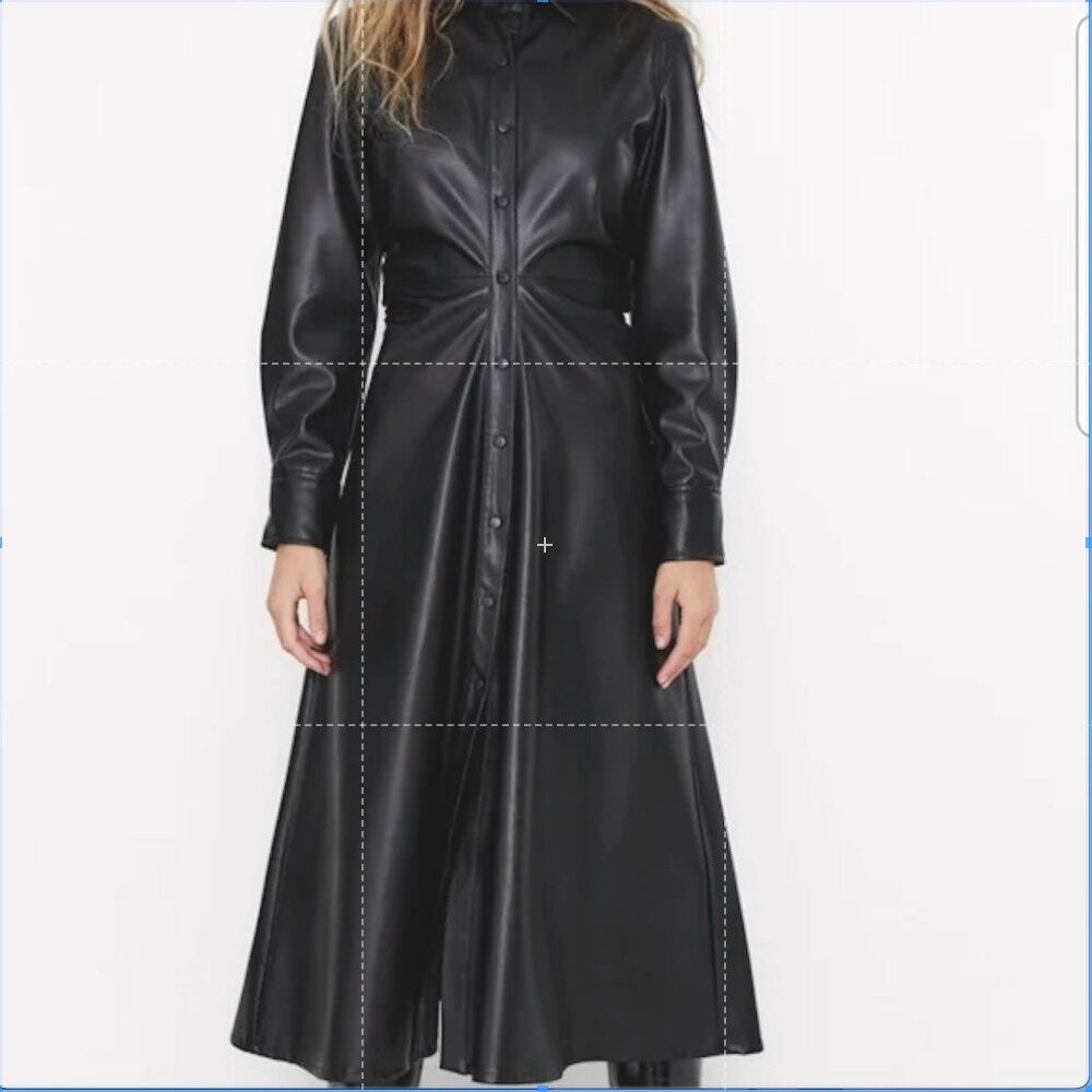ZARA Faux Vegan Leather Snap Front Collared Ruch Waist Midi/Maxi Dress Black M
